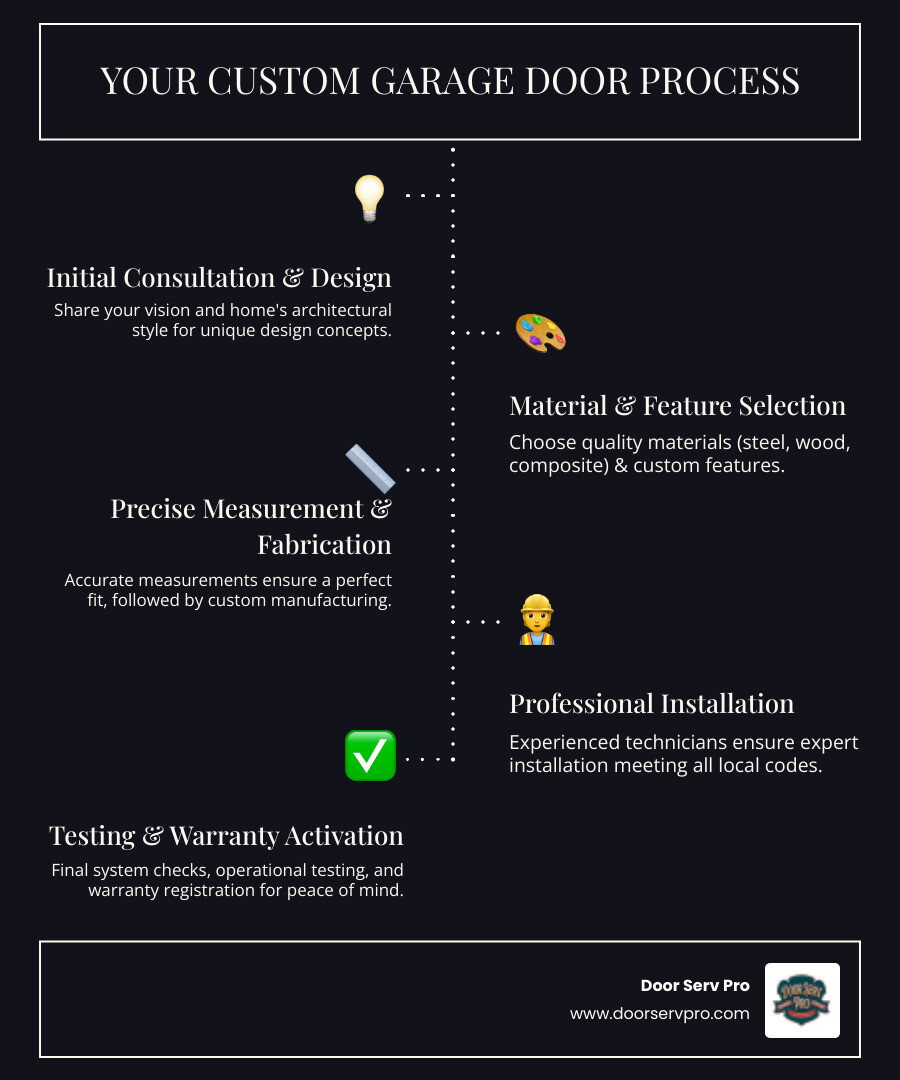 infographic showing the custom garage door process: 1. Initial consultation and design, 2. Material and feature selection, 3. Precise measurement and fabrication, 4. Professional installation, 5. Testing and warranty activation - "I'm looking for a company that can create and install a unique, custom garage door in Winchester, VA. infographic infographic-line-5-steps-dark infographic showing the custom garage door process: 1. Initial consultation and design, 2. Material and feature selection, 3. Precise measurement and fabrication, 4. Professional installation, 5. Testing and warranty activation - "I'm looking for a company that can create and install a unique, custom garage door in Winchester, VA. infographic infographic-line-5-steps-dark