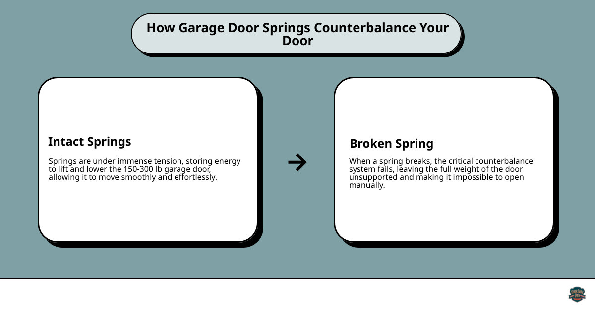 Infographic showing how garage door springs counterbalance a door's weight: on the left, a closed garage door with intact torsion springs mounted on a shaft above the door opening, with arrows indicating stored tension; in the middle, the door lifting with arrows showing how the springs unwind to lift the door's weight; on the right, a broken spring with a visible gap and the door unable to lift, illustrating the loss of counterbalance force - broken garage door spring winchester va infographic cause_effect_text