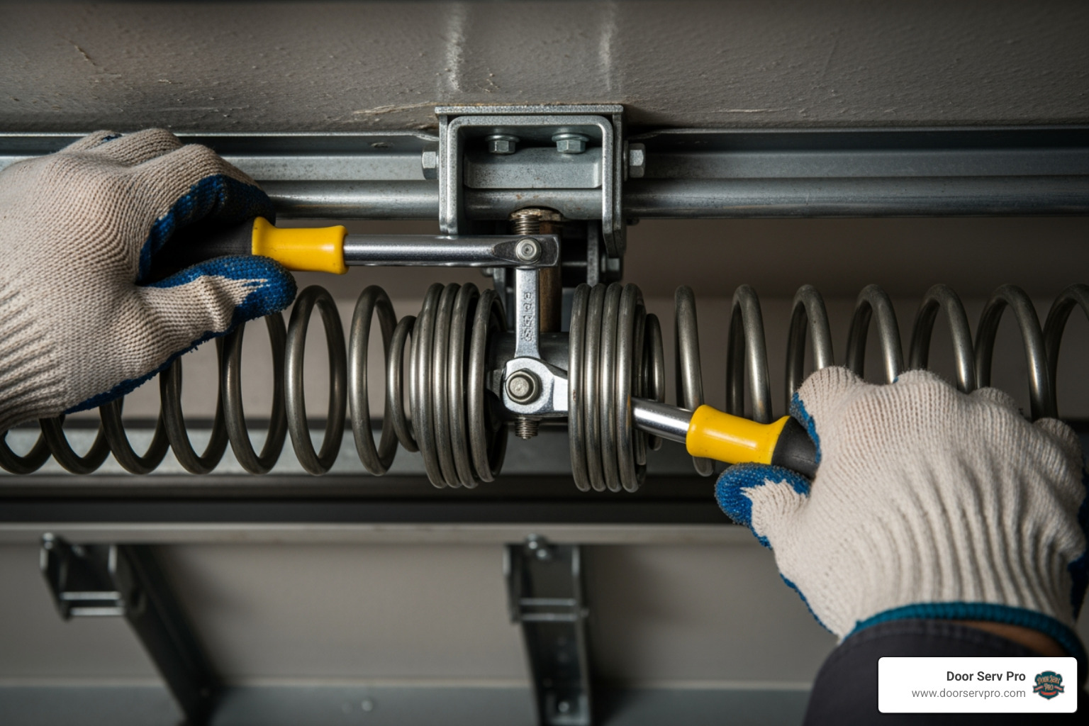 image of a professional technician's hands with safety gloves and specialized winding bars - broken garage door spring winchester va