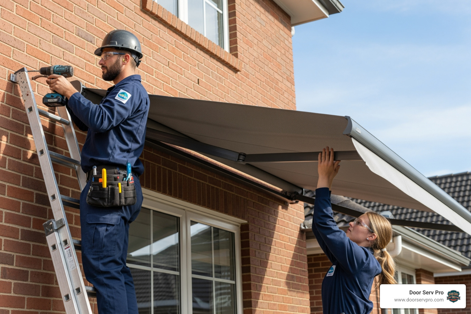 Technicians professionally installing an awning on a brick wall - awnings installation inwood wv Technicians professionally installing an awning on a brick wall - awnings installation inwood wv