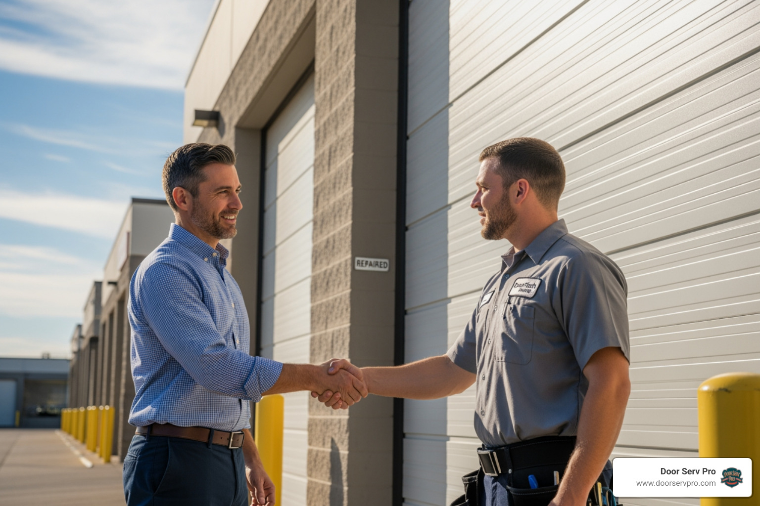 A satisfied business owner shaking hands with a technician in front of a repaired garage door - commercial garage door repair winchester va