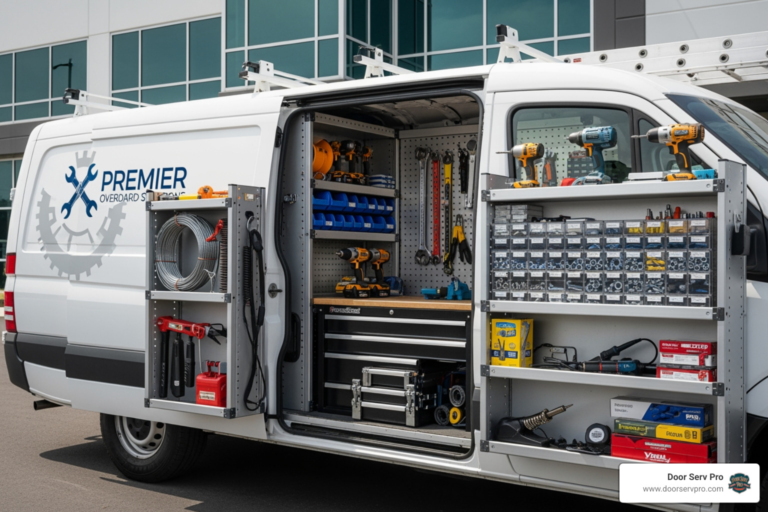 A fully stocked service vehicle with tools and parts - commercial garage door repair winchester va