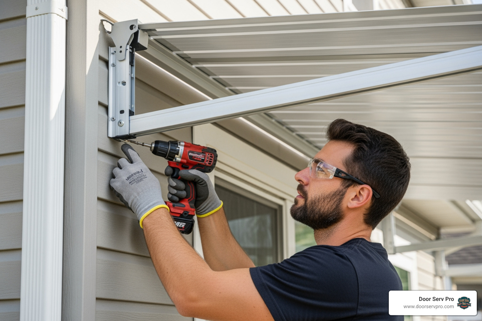 professional installer securing an awning frame to a house - awnings installation winchester va