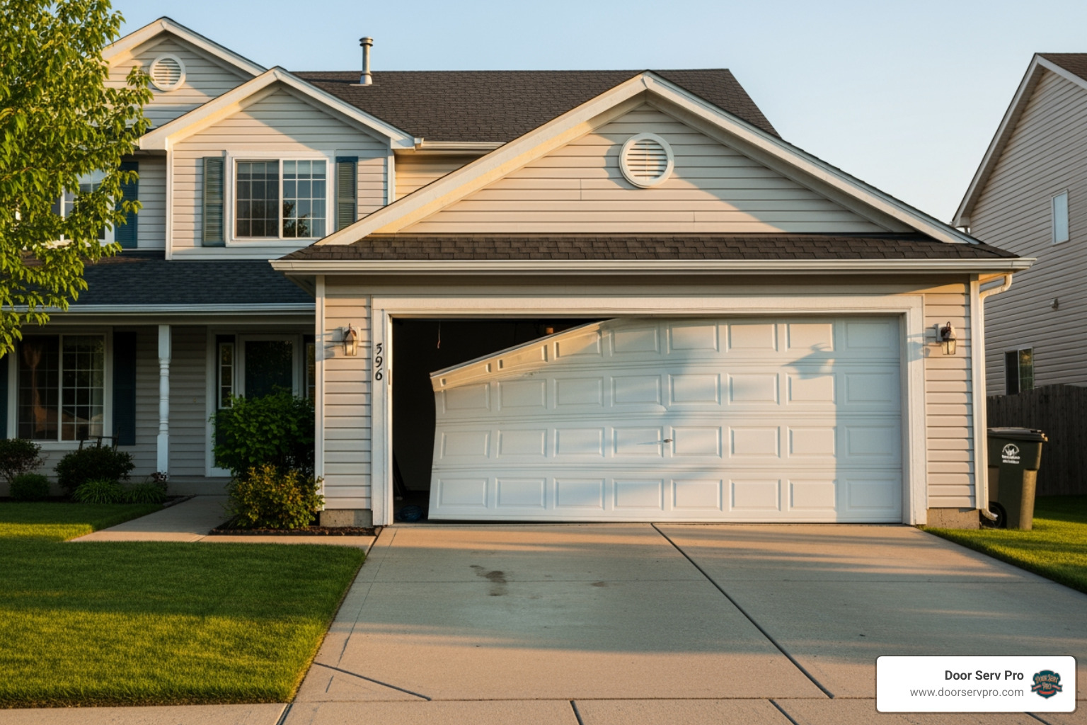 A garage door opening crookedly, with one side higher than the other, indicating a broken spring - broken garage door spring inwood wv A garage door opening crookedly, with one side higher than the other, indicating a broken spring - broken garage door spring inwood wv