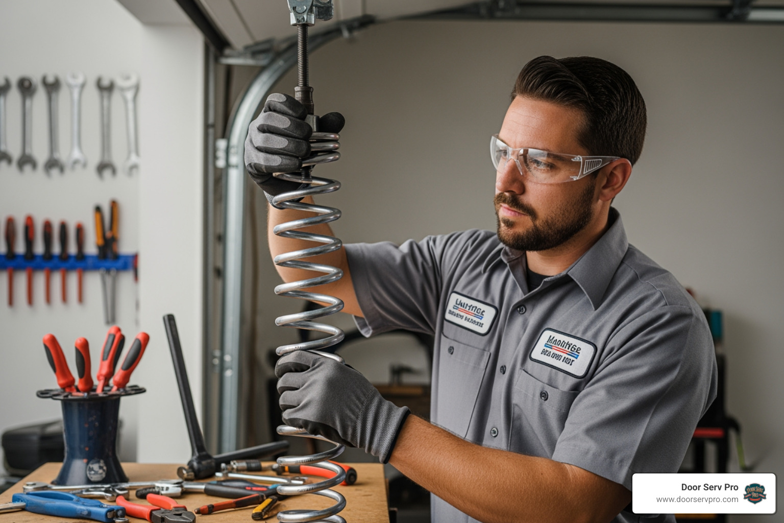 A certified garage door technician wearing safety glasses and gloves, carefully handling a new torsion spring during a repair - broken garage door spring inwood wv A certified garage door technician wearing safety glasses and gloves, carefully handling a new torsion spring during a repair - broken garage door spring inwood wv