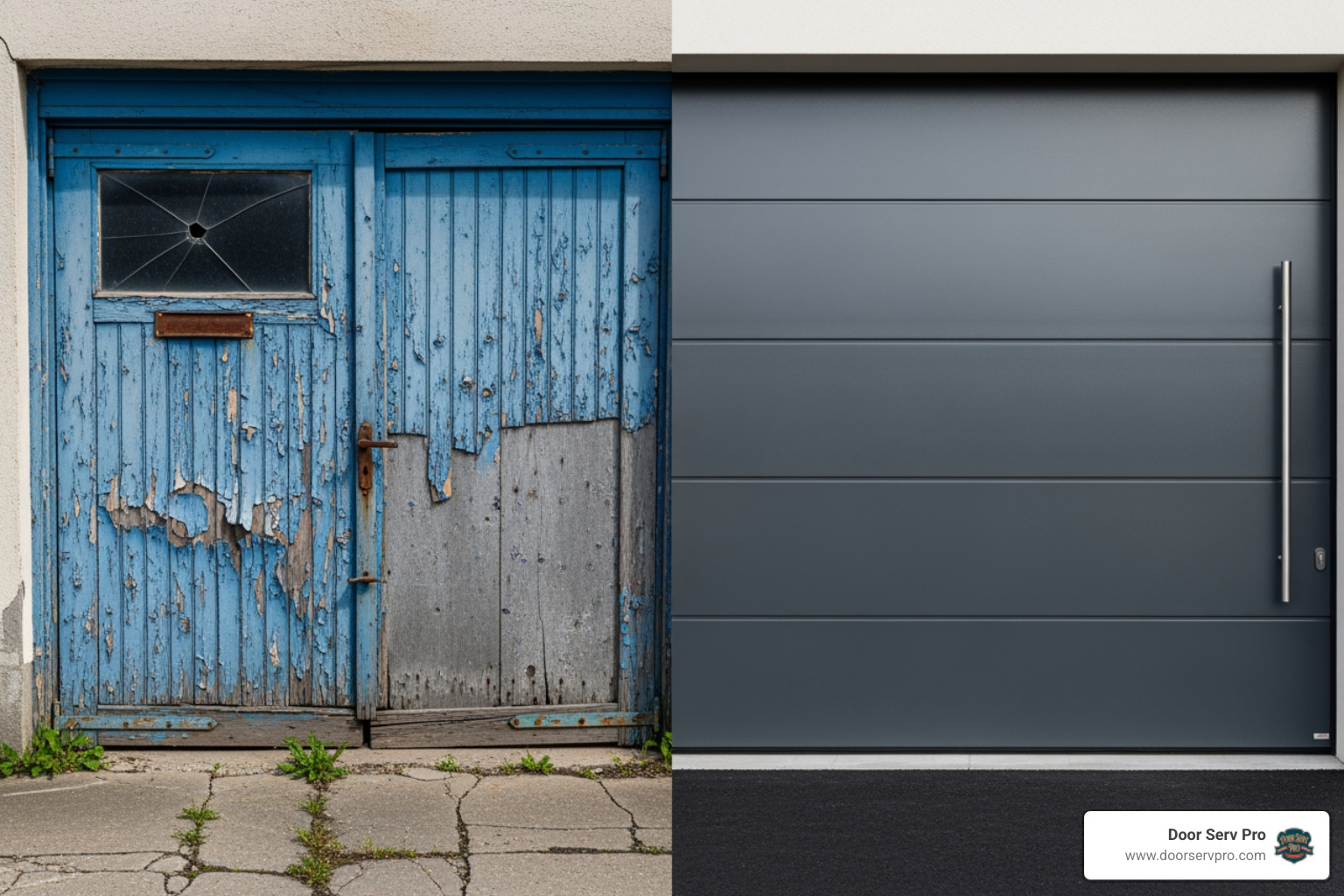 A split-screen image showing a damaged, old garage door on the left side with visible dents and peeling paint, and a new, modern garage door on the right side, showcasing a sleek design and pristine condition - door serv pro chambersburg pa