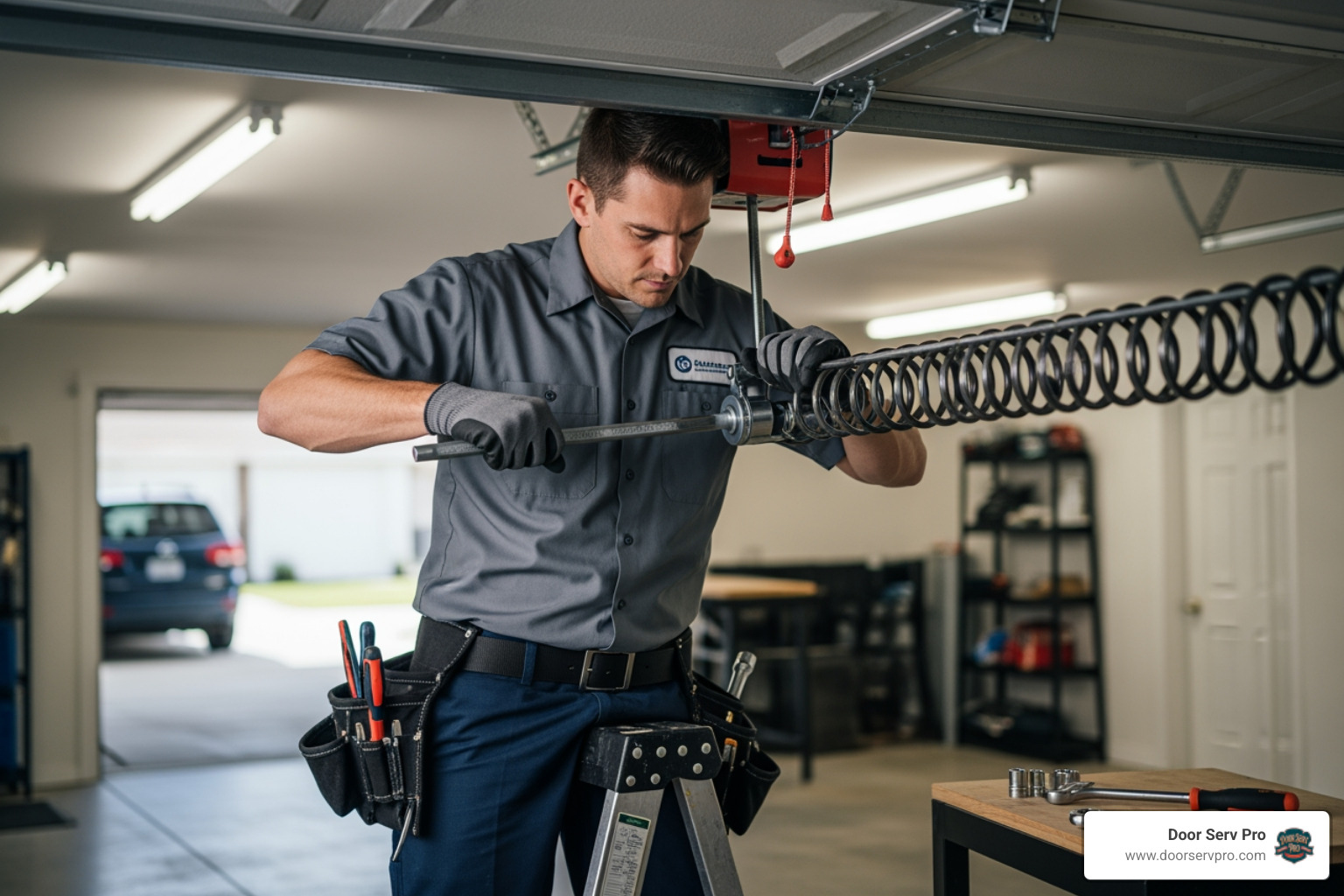 Technician safely repairing a garage door spring - door serv pro chambersburg pa
