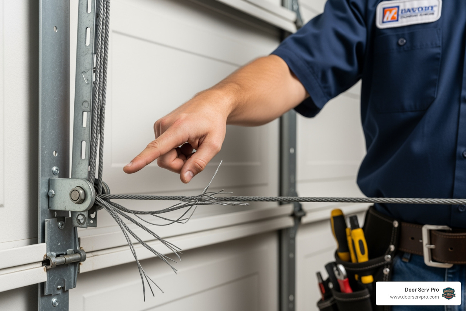 Technician pointing to a frayed garage door cable - garage door repair chambersburg pa