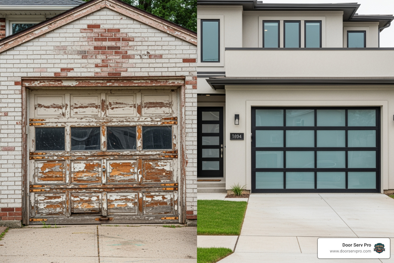 Image comparing a dented, old garage door with a brand new, stylish one - garage door repair chambersburg pa