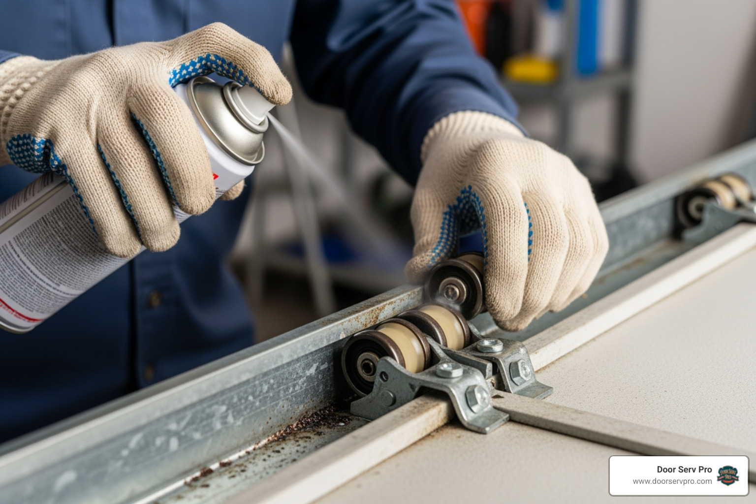 Technician lubricating the rollers on a garage door track - garage door repair chambersburg pa