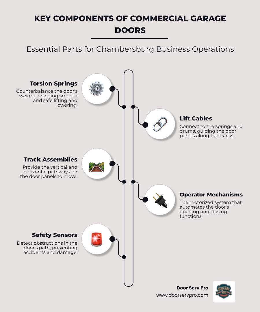 Infographic showing commercial garage door system components including torsion springs, lift cables, track assemblies, safety sensors, operator mechanisms, panel sections, weather sealing, and recommended maintenance intervals for Chambersburg PA businesses - commercial garage door repair chambersburg pa infographic infographic-line-5-steps-elegant_beige Infographic showing commercial garage door system components including torsion springs, lift cables, track assemblies, safety sensors, operator mechanisms, panel sections, weather sealing, and recommended maintenance intervals for Chambersburg PA businesses - commercial garage door repair chambersburg pa infographic infographic-line-5-steps-elegant_beige