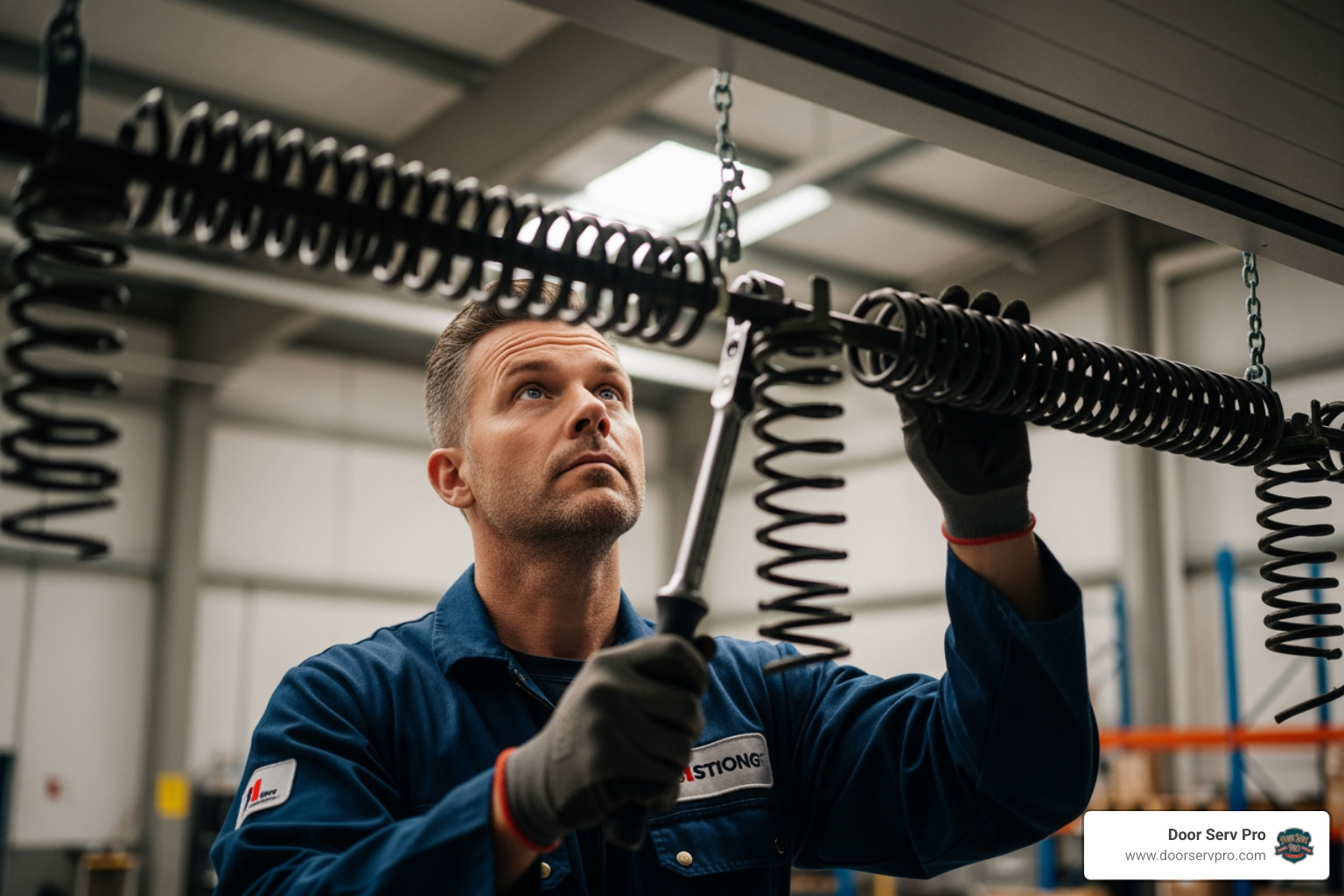 technician inspecting a commercial garage door spring - commercial garage door repair chambersburg pa technician inspecting a commercial garage door spring - commercial garage door repair chambersburg pa