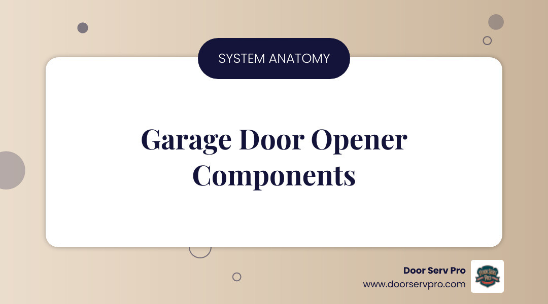 Infographic showing the anatomy of a garage door opener system with labeled components including the motor unit mounted on the ceiling, drive chain or belt mechanism connecting to the door trolley, wall-mounted control panel, wireless remote, safety photo-eye sensors at floor level, and emergency release cord, with arrows indicating how each component works together to lift and lower the garage door - 24 hour garage door motor failure repair inwood wv infographic simple-info-landscape-card