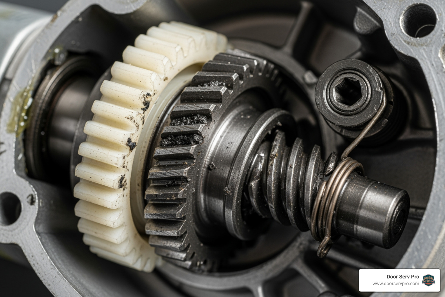 A close-up view of the internal gears and drive mechanism within a disassembled garage door motor unit, highlighting worn or broken components - 24 hour garage door motor failure repair inwood wv
