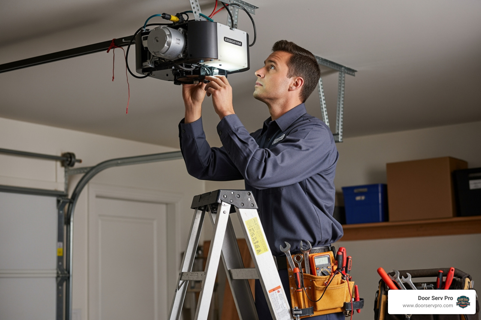 A uniformed Door Serv Pro technician carefully inspecting the motor unit of a garage door opener, which is mounted on the ceiling, with tools nearby. The technician is focused and professional. - 24 hour garage door motor failure repair inwood wv