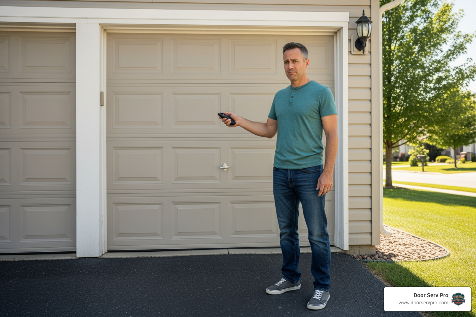 A homeowner standing in front of a closed garage door, holding a remote control and looking confused as the door remains unresponsive. The expression on their face indicates frustration. - 24 hour garage door motor failure repair inwood wv