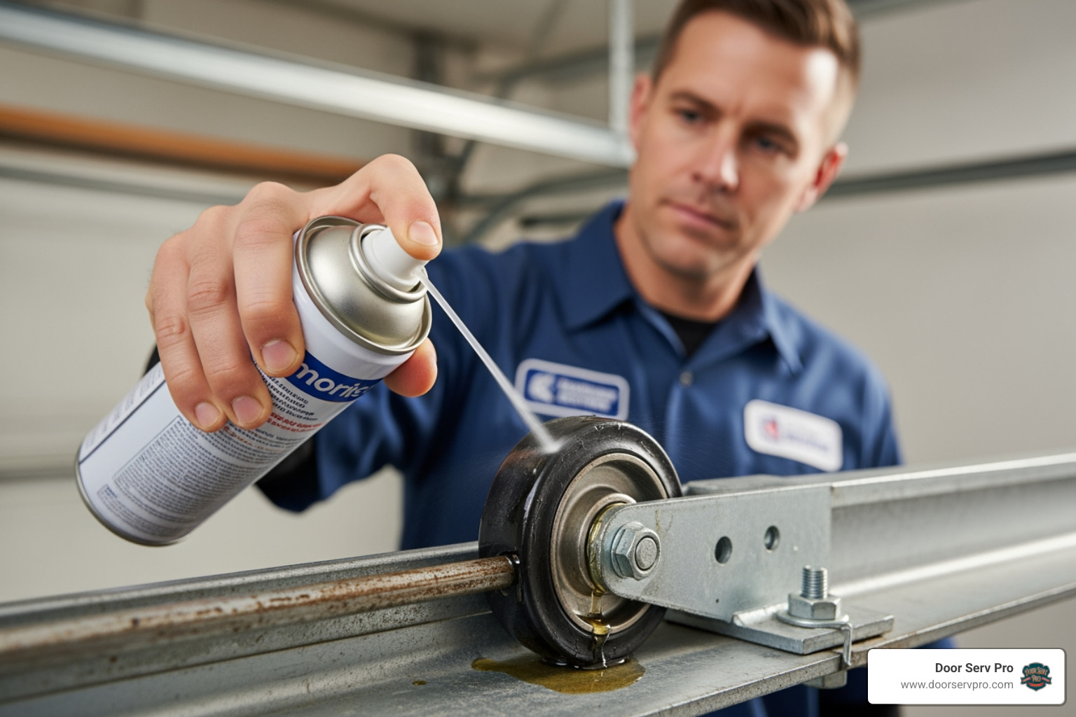 of a technician lubricating garage door rollers - emergency garage door cable snapped repair inwood wv