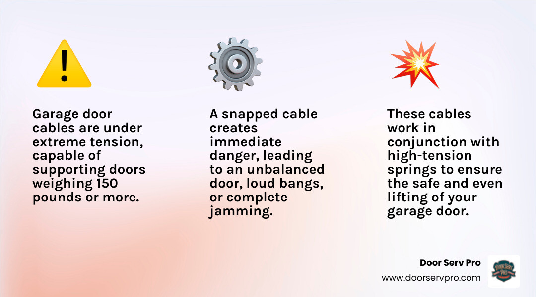 Infographic showing garage door cable system components: the door panel, horizontal tracks, cable drums at the top, cables running along both sides of the door connected to the bottom brackets, torsion spring above the door, and opener motor. Highlights show where cables typically snap and the high-tension warning zones around springs and drums. - garage door cable snapped near me winchester va infographic 3_facts_emoji_light-gradient Infographic showing garage door cable system components: the door panel, horizontal tracks, cable drums at the top, cables running along both sides of the door connected to the bottom brackets, torsion spring above the door, and opener motor. Highlights show where cables typically snap and the high-tension warning zones around springs and drums. - garage door cable snapped near me winchester va infographic 3_facts_emoji_light-gradient