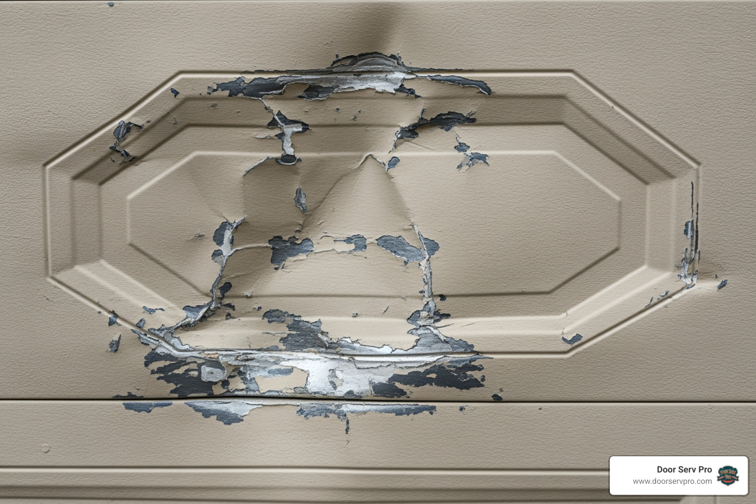 Dented garage door panel from a car impact, showing clear damage where a vehicle has hit the door. - garage door off track chambersburg pa Dented garage door panel from a car impact, showing clear damage where a vehicle has hit the door. - garage door off track chambersburg pa