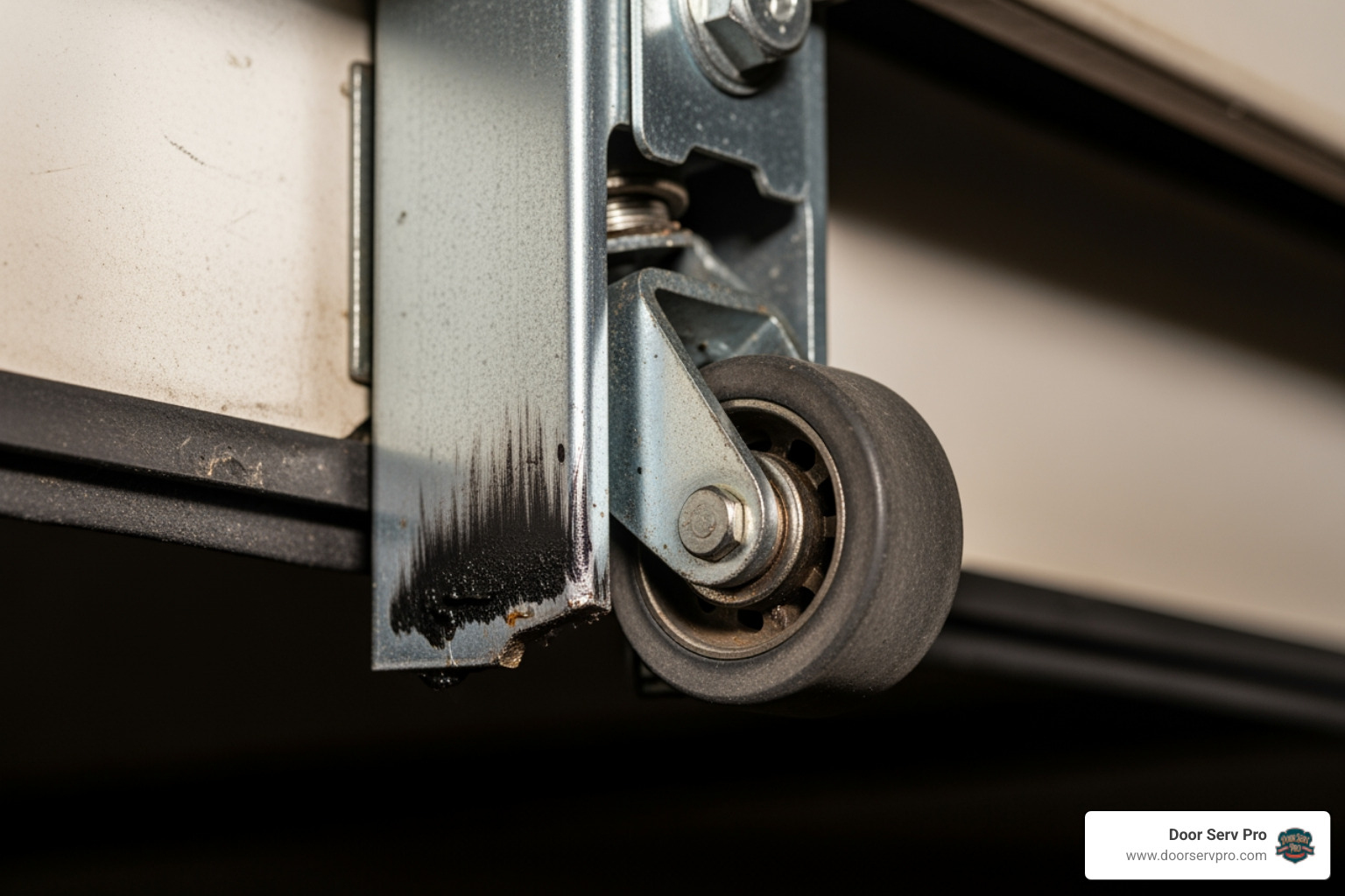 Close-up of a garage door roller that has popped out of the track, showing the metal roller detached from the vertical rail. - garage door off track chambersburg pa Close-up of a garage door roller that has popped out of the track, showing the metal roller detached from the vertical rail. - garage door off track chambersburg pa