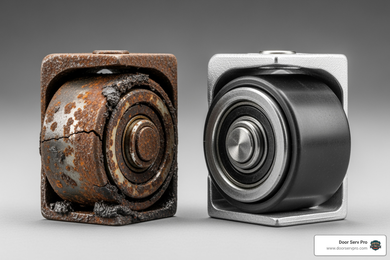 worn-out, rusty garage door roller next to a new one - garage door off track inwood wv worn-out, rusty garage door roller next to a new one - garage door off track inwood wv