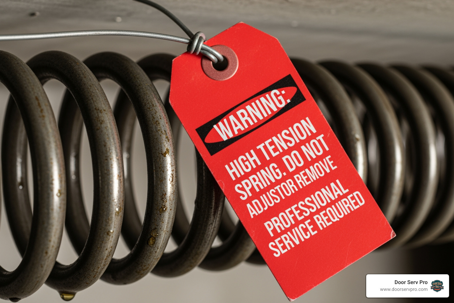 bright red warning tag on a garage door spring - garage door off track inwood wv bright red warning tag on a garage door spring - garage door off track inwood wv