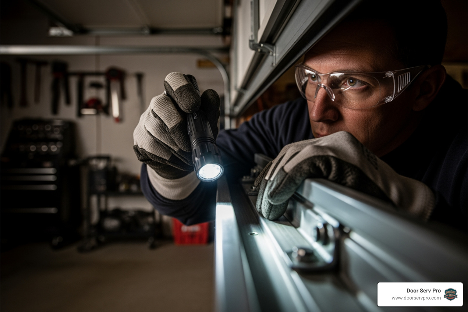 A person wearing heavy-duty gloves and safety glasses inspects a garage door track with a flashlight - garage door off track winchester va A person wearing heavy-duty gloves and safety glasses inspects a garage door track with a flashlight - garage door off track winchester va