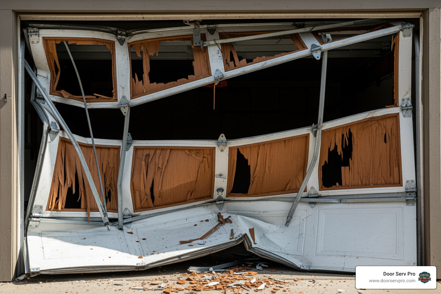 A severely damaged garage door is completely off its tracks, with twisted metal and broken panels - garage door off track winchester va A severely damaged garage door is completely off its tracks, with twisted metal and broken panels - garage door off track winchester va