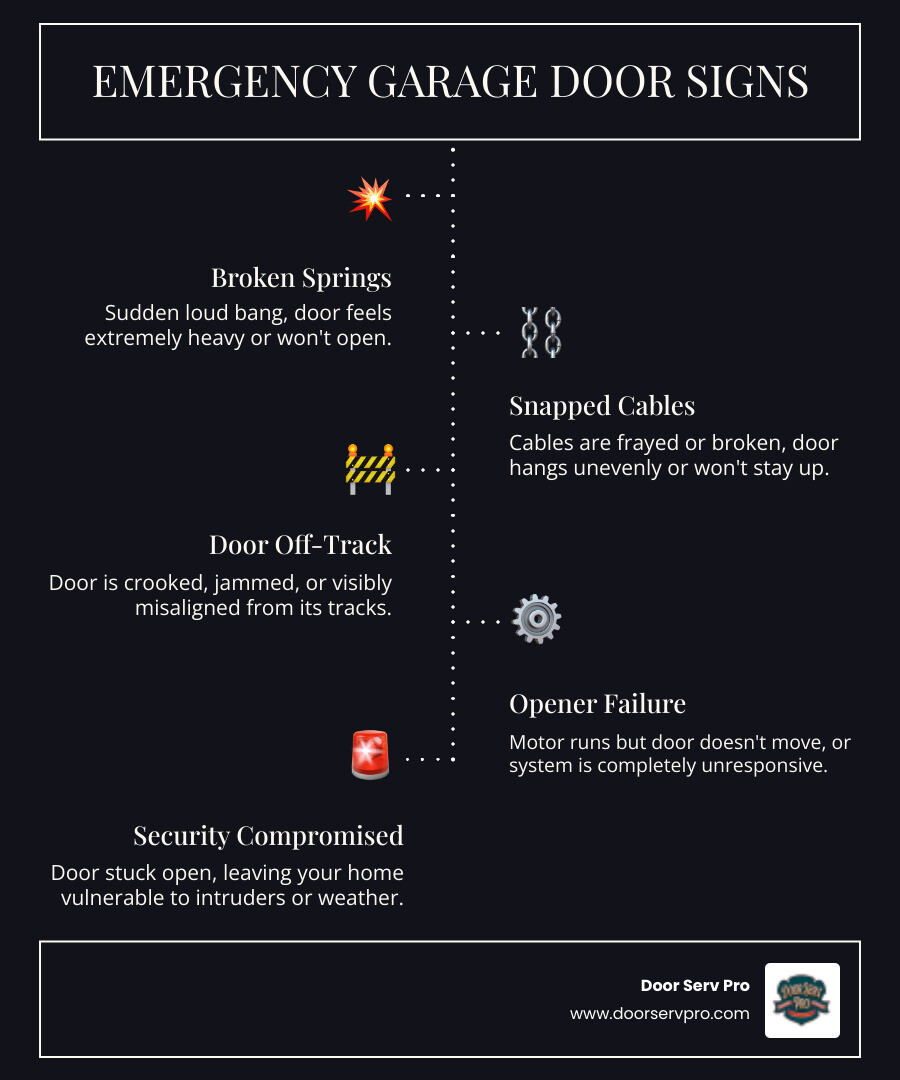 infographic showing common garage door emergency signs including broken spring symptoms, snapped cable indicators, off-track door positions, and opener failure warning signs with safety icons - 24 hour garage door tune-up inwood wv infographic infographic-line-5-steps-dark infographic showing common garage door emergency signs including broken spring symptoms, snapped cable indicators, off-track door positions, and opener failure warning signs with safety icons - 24 hour garage door tune-up inwood wv infographic infographic-line-5-steps-dark