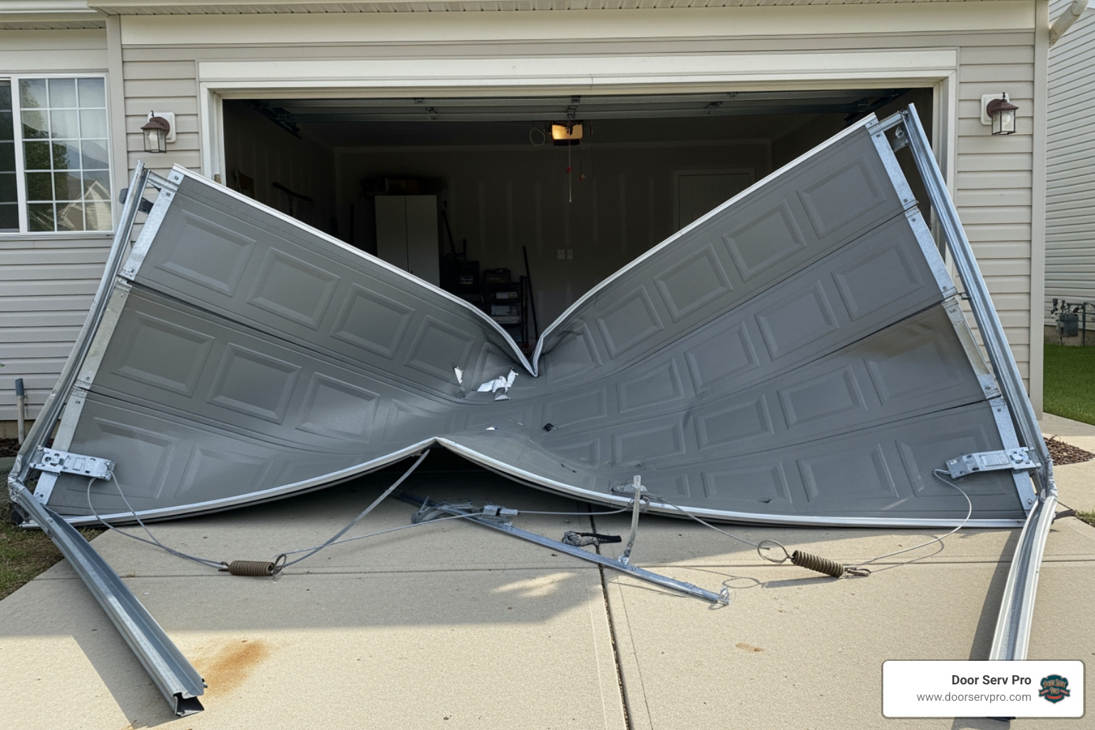 A garage door that has fallen completely off its tracks, lying partially collapsed and twisted, highlighting severe structural failure and the need for immediate replacement - emergency garage door replacement winchester va