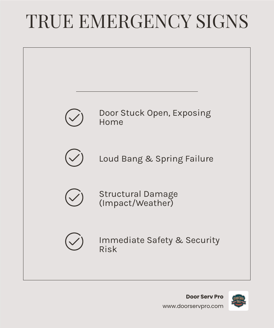 Infographic showing the top 3 signs of a true garage door emergency: 1) Door stuck completely open exposing your home and belongings, 2) Loud bang followed by door collapse indicating catastrophic spring failure, 3) Visible structural damage from vehicle impact or severe weather making the door unsafe to operate - emergency garage door replacement winchester va infographic checklist-light-beige