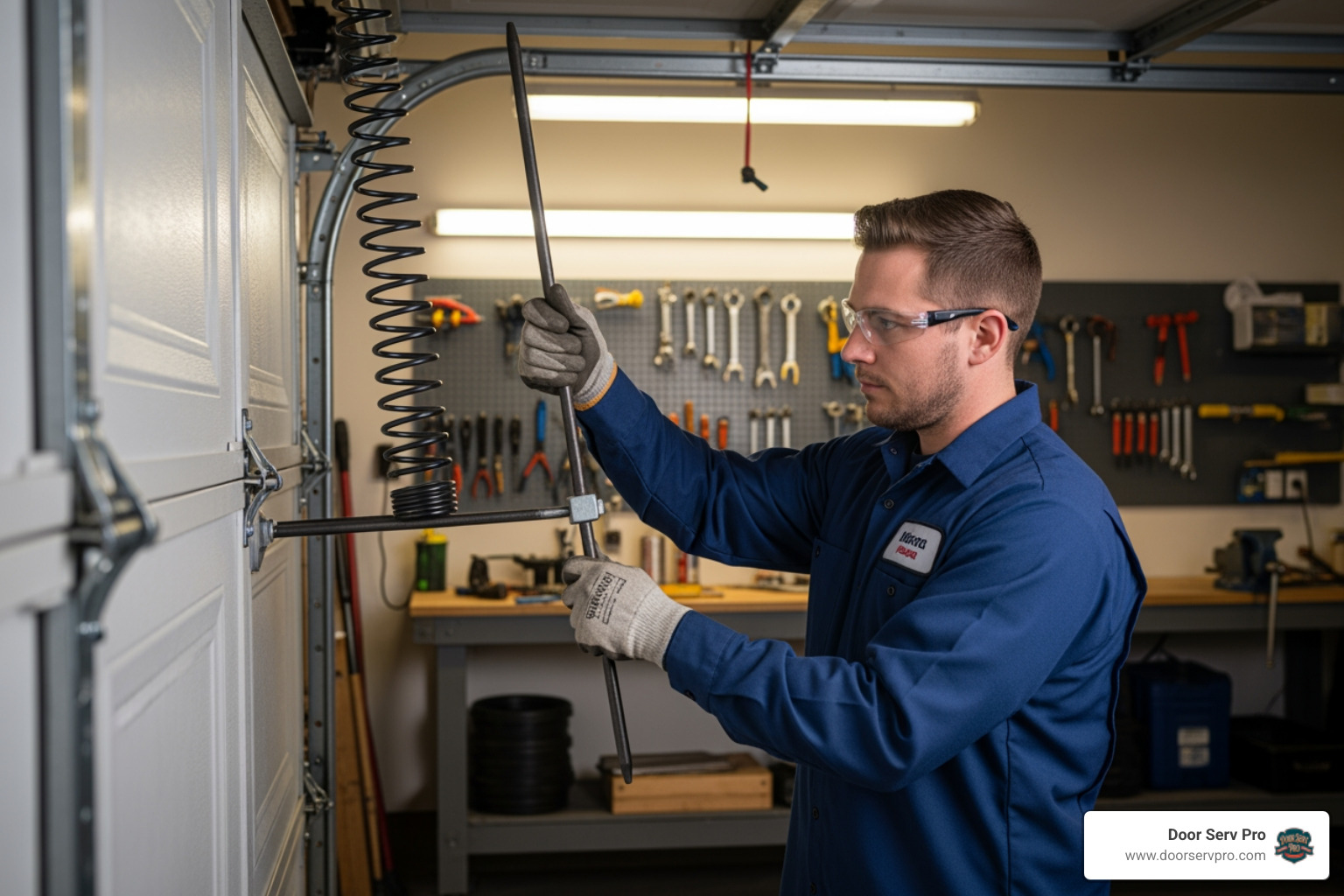 A professional technician in uniform carefully handling a high-tension spring with the correct tools, emphasizing safety and expertise in garage door repair - emergency garage door replacement winchester va