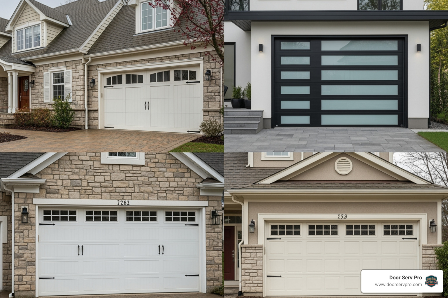 A gallery showcasing a variety of garage door styles, including a classic carriage house design with decorative hardware, a sleek modern door with horizontal panels and frosted glass inserts, and a traditional raised-panel door in a neutral color - emergency garage door replacement winchester va
