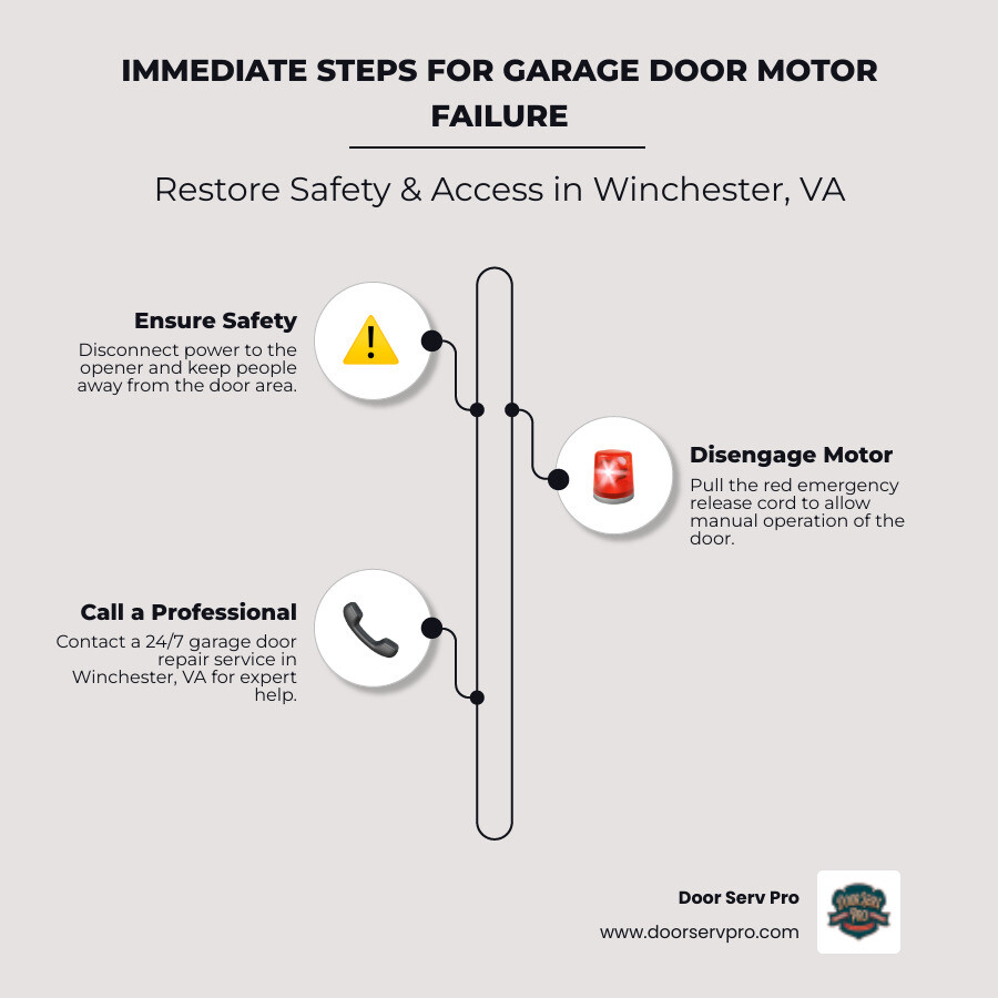Infographic showing 3 immediate steps for failed garage door motor: Step 1 - Ensure Safety by disconnecting power and keeping people away from the door. Step 2 - Disengage the Motor by pulling the emergency release cord to enable manual operation. Step 3 - Call a Professional 24-hour service in Winchester VA for safe diagnosis and repair. - 24 hour garage door motor failure repair winchester va infographic infographic-line-3-steps-elegant_beige Infographic showing 3 immediate steps for failed garage door motor: Step 1 - Ensure Safety by disconnecting power and keeping people away from the door. Step 2 - Disengage the Motor by pulling the emergency release cord to enable manual operation. Step 3 - Call a Professional 24-hour service in Winchester VA for safe diagnosis and repair. - 24 hour garage door motor failure repair winchester va infographic infographic-line-3-steps-elegant_beige