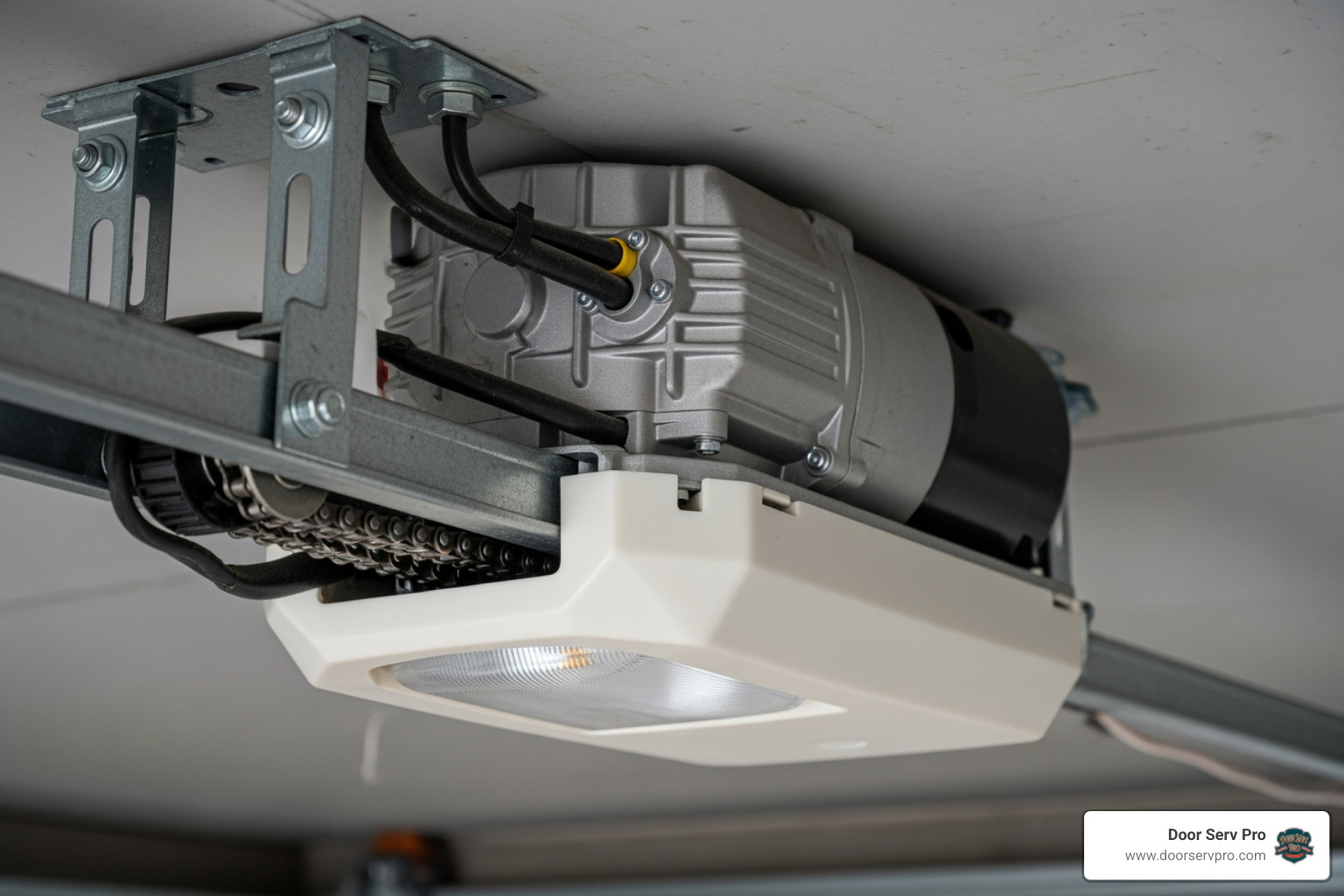 Close-up on a garage door opener motor unit mounted to a ceiling - 24 hour garage door motor failure repair winchester va Close-up on a garage door opener motor unit mounted to a ceiling - 24 hour garage door motor failure repair winchester va
