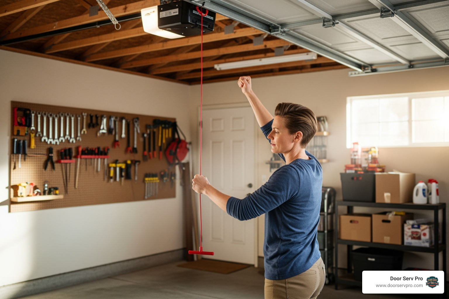 Homeowner pulling the red emergency release cord on a garage door opener - 24 hour garage door motor failure repair winchester va Homeowner pulling the red emergency release cord on a garage door opener - 24 hour garage door motor failure repair winchester va