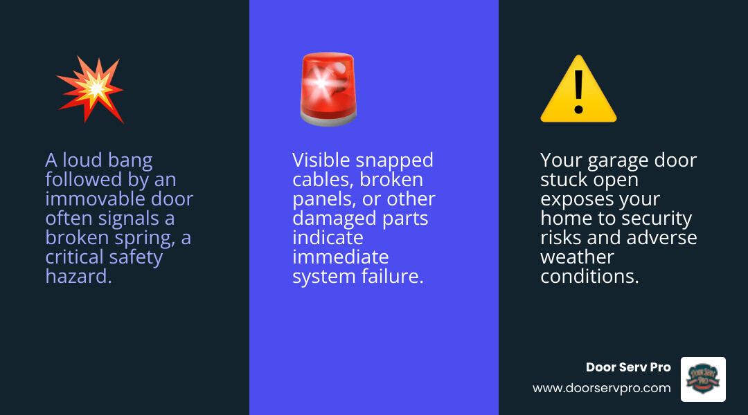 Infographic showing 5 critical signs you need emergency garage door replacement: 1. Loud bang followed by door won't move (broken spring), 2. Door stuck completely open exposing your home, 3. Visible snapped cables or broken parts, 4. Door off tracks or severely crooked, 5. Major panel damage from vehicle impact or storm - 24 hour garage door replacement inwood wv infographic 3_facts_emoji_blue Infographic showing 5 critical signs you need emergency garage door replacement: 1. Loud bang followed by door won't move (broken spring), 2. Door stuck completely open exposing your home, 3. Visible snapped cables or broken parts, 4. Door off tracks or severely crooked, 5. Major panel damage from vehicle impact or storm - 24 hour garage door replacement inwood wv infographic 3_facts_emoji_blue