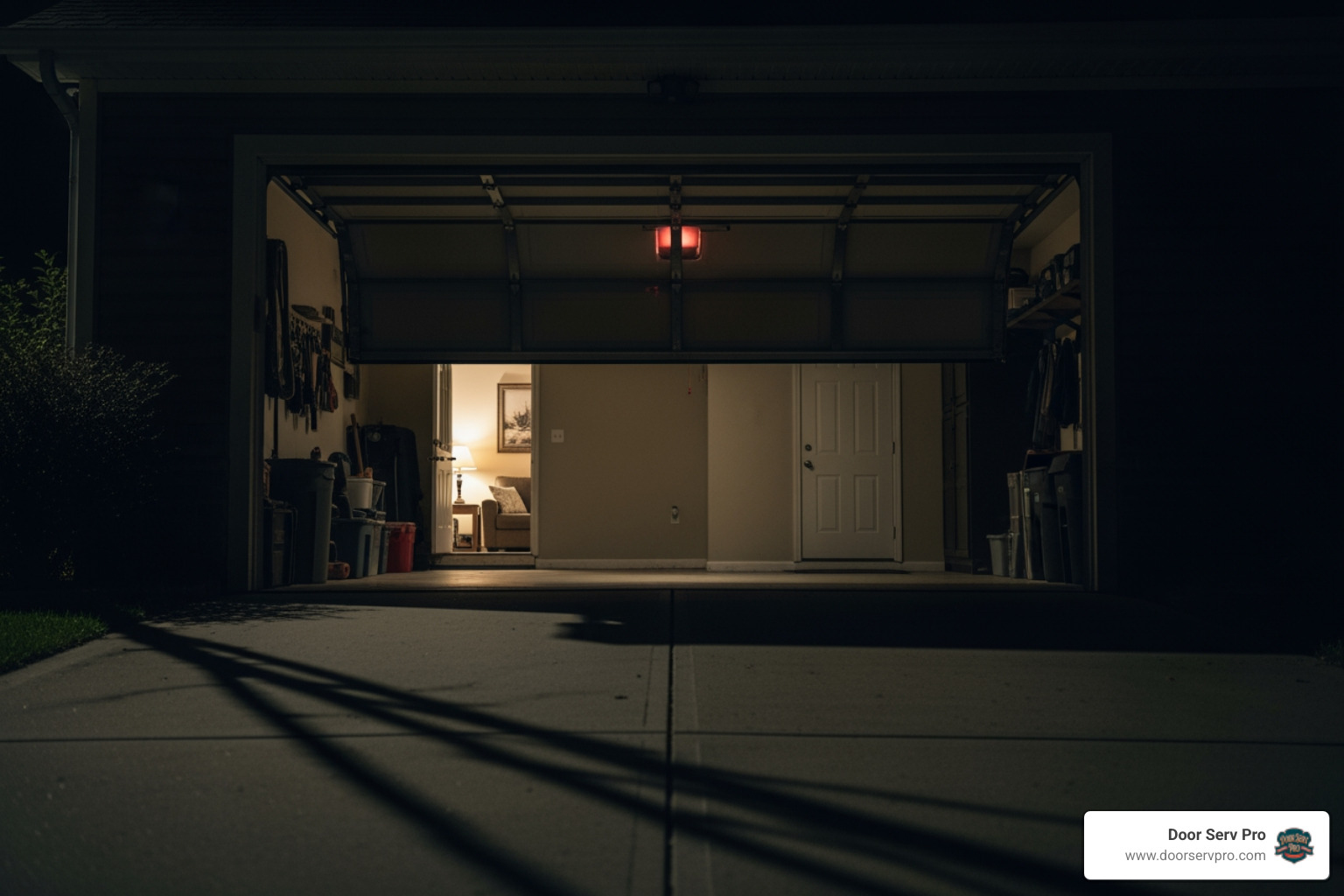 An open garage door at night, exposing the home's interior, highlighting vulnerability - 24 hour garage door replacement inwood wv An open garage door at night, exposing the home's interior, highlighting vulnerability - 24 hour garage door replacement inwood wv