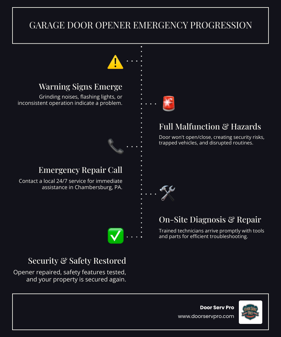Infographic showing the progression of a garage door opener emergency: 1. Warning signs appear (grinding noises, flashing lights, inconsistent operation), 2. Complete failure occurs (door won't open or close, security risk created), 3. Immediate risks develop (trapped vehicle, exposed home, disrupted routine), 4. 24/7 repair service called, 5. Technician arrives with diagnostic tools and parts, 6. Problem diagnosed and repaired on-site, 7. Safety features tested and home secured again - 24 hour garage door opener repair chambersburg pa infographic infographic-line-5-steps-dark Infographic showing the progression of a garage door opener emergency: 1. Warning signs appear (grinding noises, flashing lights, inconsistent operation), 2. Complete failure occurs (door won't open or close, security risk created), 3. Immediate risks develop (trapped vehicle, exposed home, disrupted routine), 4. 24/7 repair service called, 5. Technician arrives with diagnostic tools and parts, 6. Problem diagnosed and repaired on-site, 7. Safety features tested and home secured again - 24 hour garage door opener repair chambersburg pa infographic infographic-line-5-steps-dark