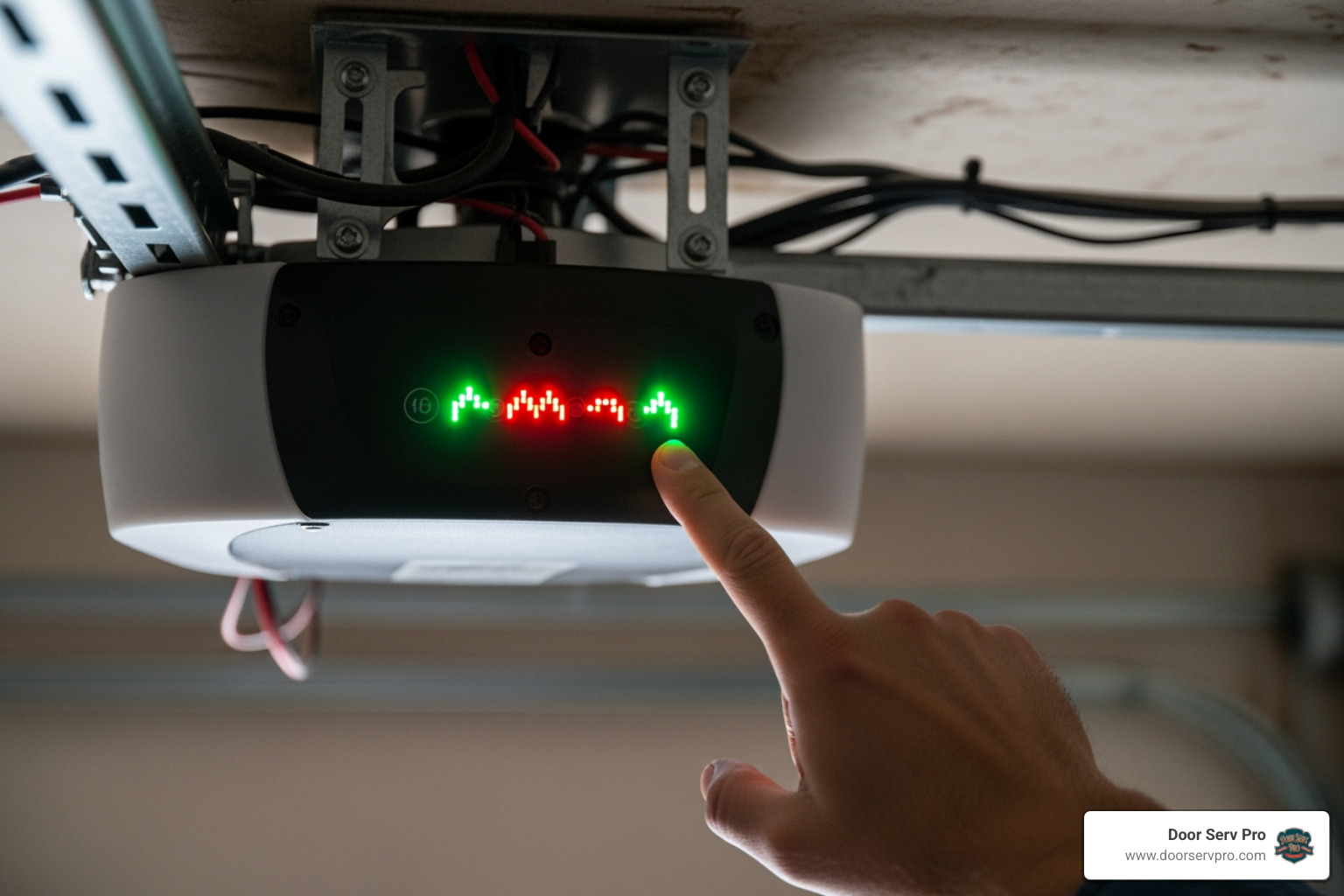 A person pointing at the flashing lights on a garage door opener motor, indicating a diagnostic error. - 24 hour garage door opener repair chambersburg pa A person pointing at the flashing lights on a garage door opener motor, indicating a diagnostic error. - 24 hour garage door opener repair chambersburg pa