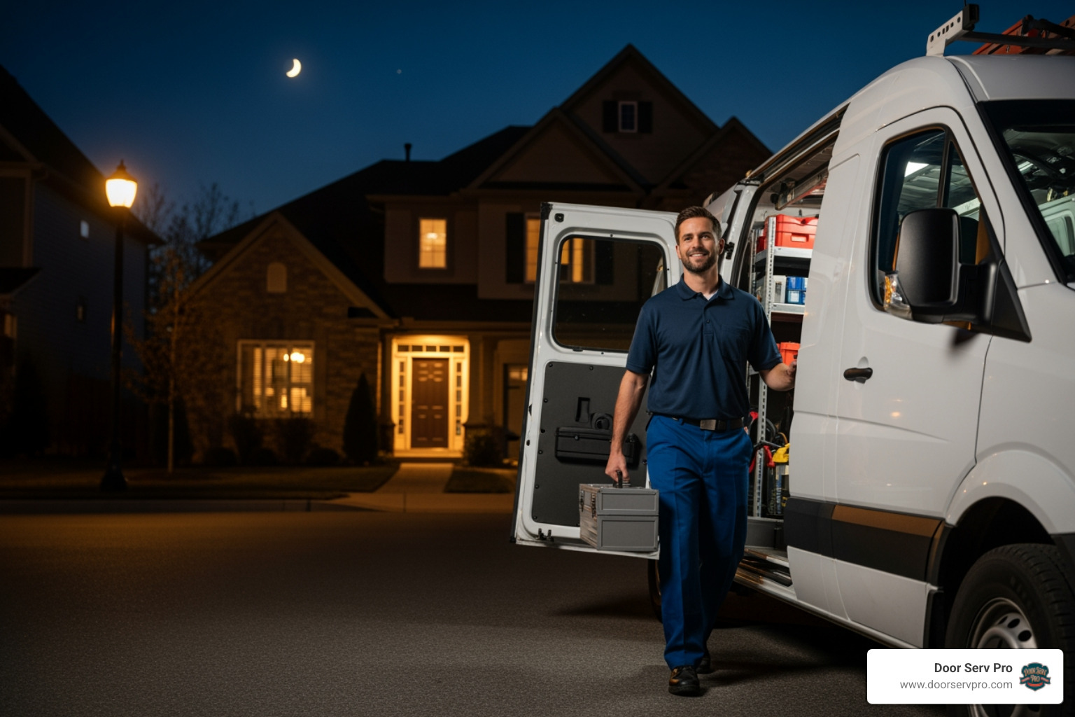 A friendly, professional technician in a branded uniform arriving at a suburban home at night, stepping out of a service van with tools in hand. - 24 hour garage door opener repair chambersburg pa A friendly, professional technician in a branded uniform arriving at a suburban home at night, stepping out of a service van with tools in hand. - 24 hour garage door opener repair chambersburg pa