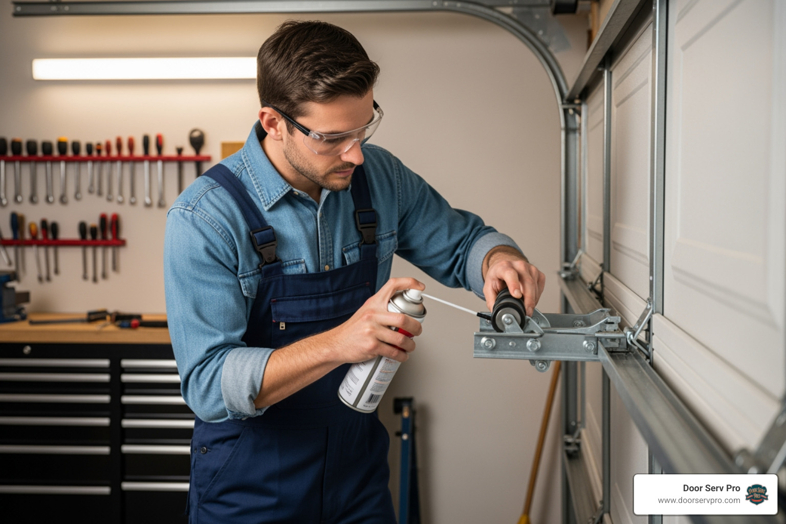 A homeowner carefully lubricating the rollers and hinges of a garage door track, demonstrating proper maintenance. - 24 hour garage door opener repair chambersburg pa A homeowner carefully lubricating the rollers and hinges of a garage door track, demonstrating proper maintenance. - 24 hour garage door opener repair chambersburg pa