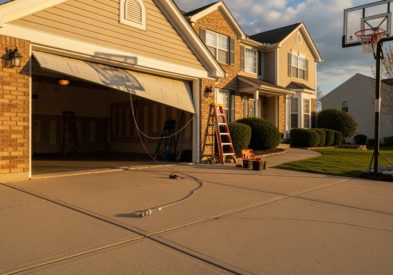 A dangerously crooked garage door stuck halfway open, with visible damage to the cable system - 24 hour garage door cable repair inwood wv A dangerously crooked garage door stuck halfway open, with visible damage to the cable system - 24 hour garage door cable repair inwood wv
