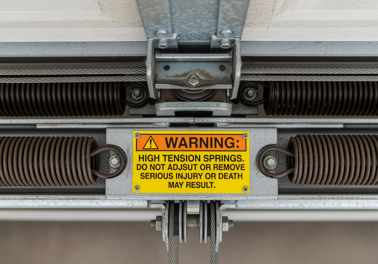 A warning sign clearly displayed near a garage door's high-tension springs and cables, emphasizing danger - 24 hour garage door cable repair inwood wv A warning sign clearly displayed near a garage door's high-tension springs and cables, emphasizing danger - 24 hour garage door cable repair inwood wv