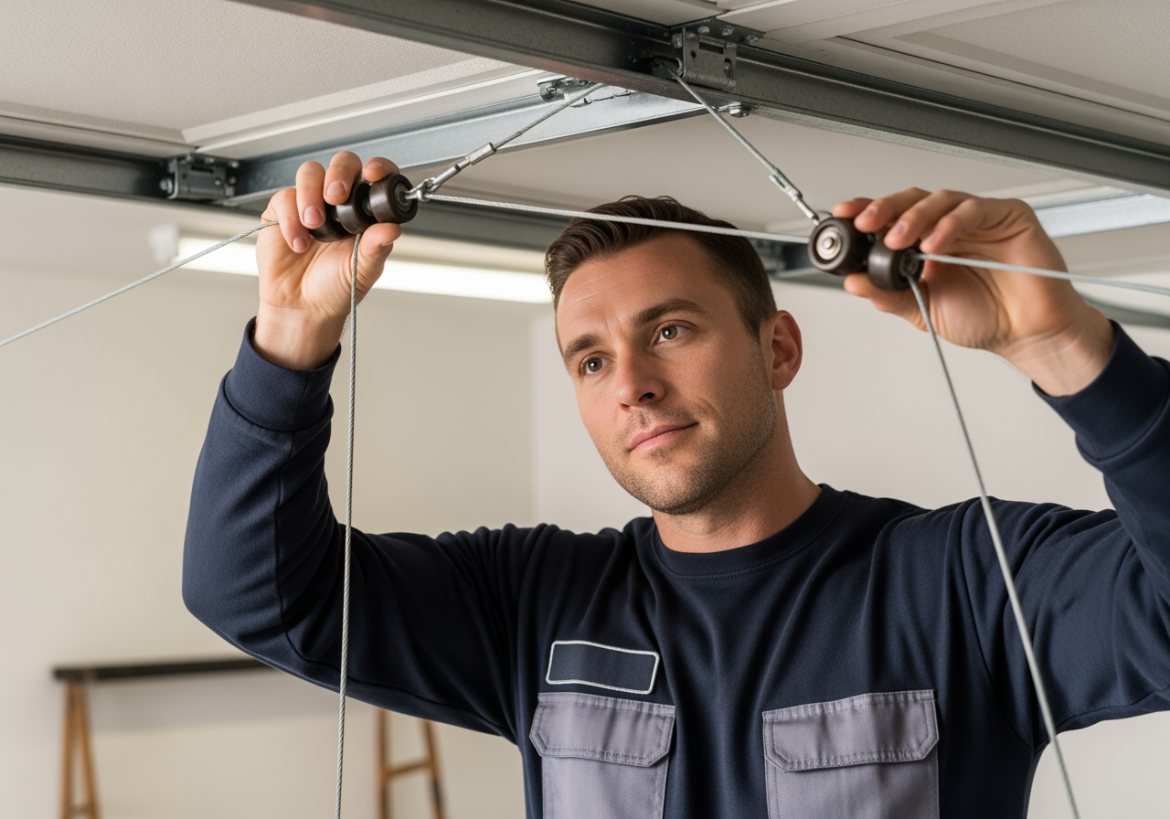 A friendly technician performing a visual inspection of garage door cables and rollers, ensuring proper function and identifying potential wear - 24 hour garage door cable repair inwood wv A friendly technician performing a visual inspection of garage door cables and rollers, ensuring proper function and identifying potential wear - 24 hour garage door cable repair inwood wv