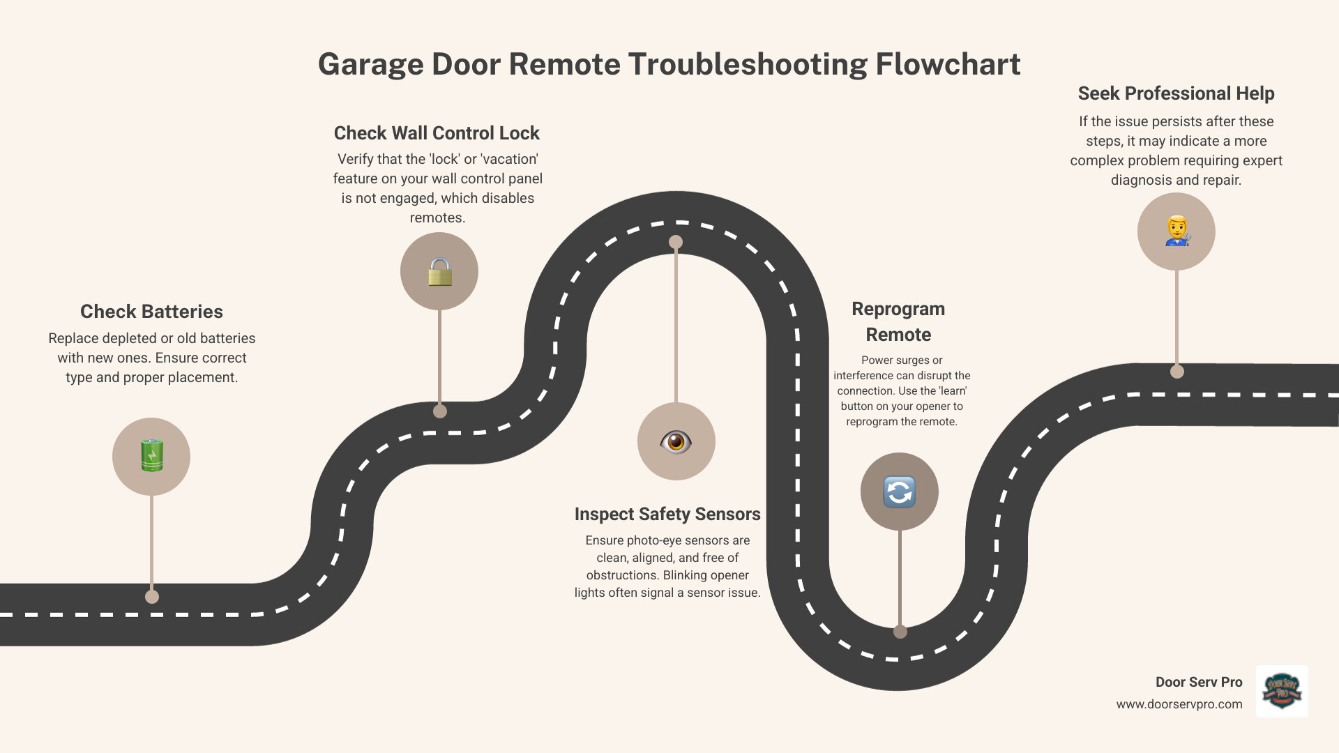 Infographic showing a troubleshooting flowchart for garage door remotes: Start with 'Remote Not Working' at top, first branch to 'Replace Batteries' (if yes, problem solved; if no, continue), second branch to 'Check Lock Button on Wall Panel' (if engaged, turn off; if not, continue), third branch to 'Inspect Safety Sensors for Obstruction or Misalignment' (if blocked, clear and align; if not, continue), fourth branch to 'Reprogram Remote Using Learn Button' (if successful, problem solved; if not, call professional). Visual includes simple icons for batteries, wall panel, sensors, and opener unit. - garage door remote not working inwood wv infographic roadmap-5-steps