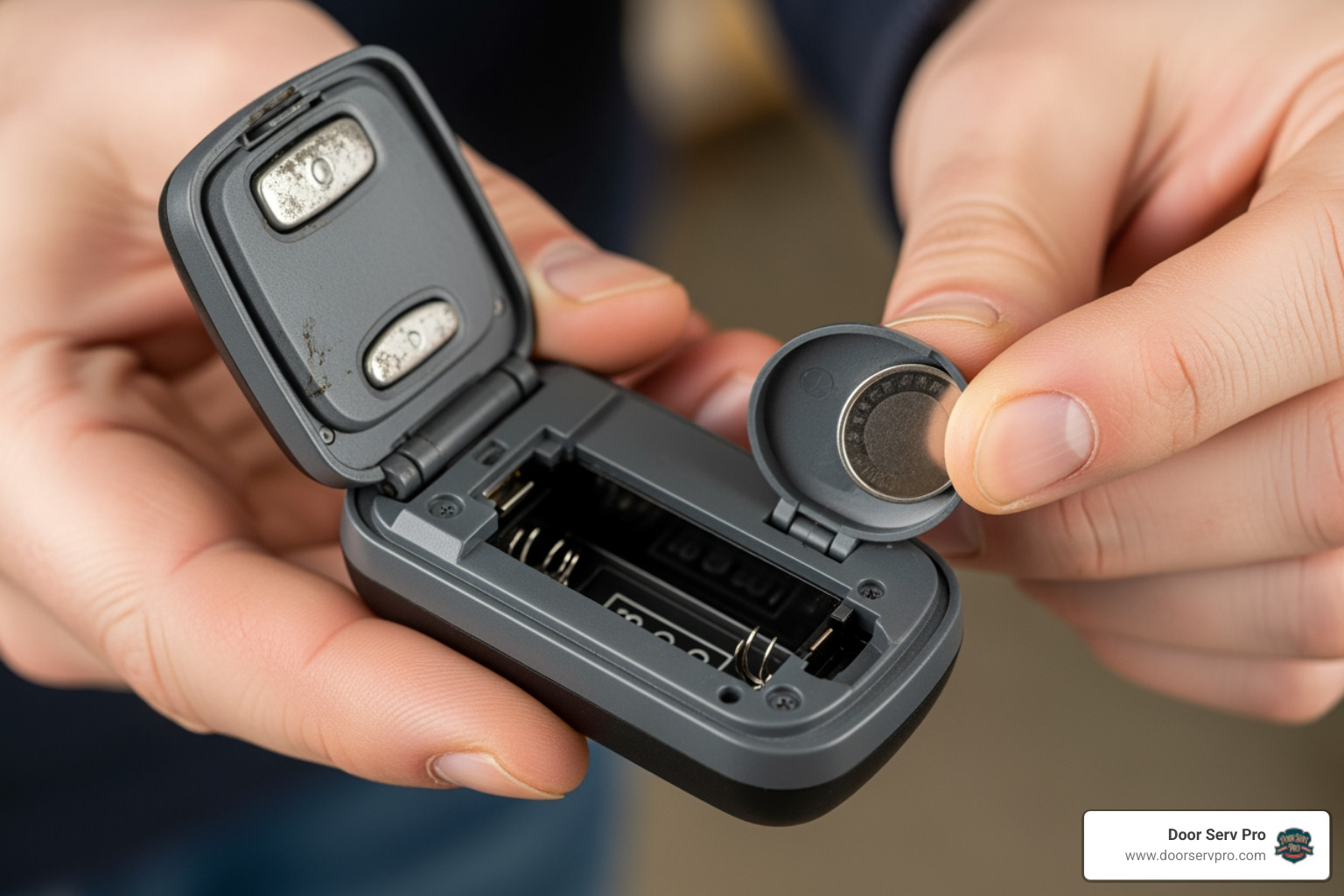 person changing a coin-style battery in a garage door remote - garage door remote not working inwood wv