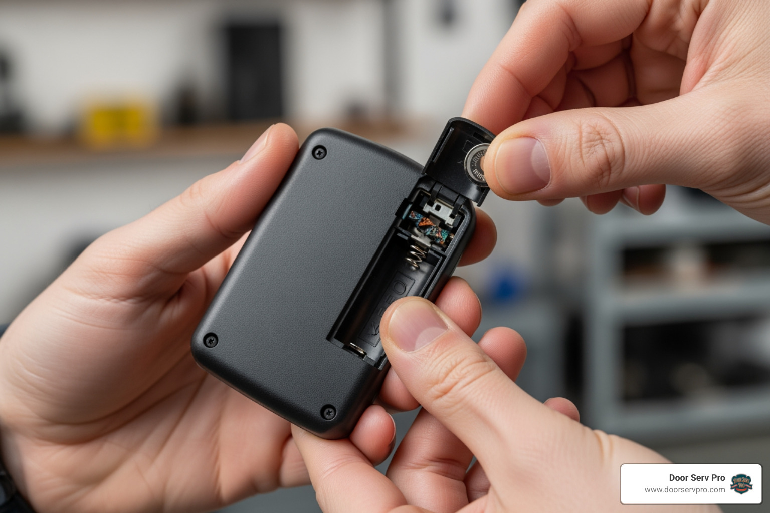 Infographic showing the top 5 reasons a garage door remote stops working in Chambersburg PA: 1) Dead batteries with icon of battery and X mark, 2) Lock mode activated with lock symbol, 3) Signal interference from LED bulbs and electronics, 4) Remote out of sync with opener showing wireless signal icon with error, 5) Physical damage or worn buttons with cracked remote illustration - garage door remote not working chambersburg pa