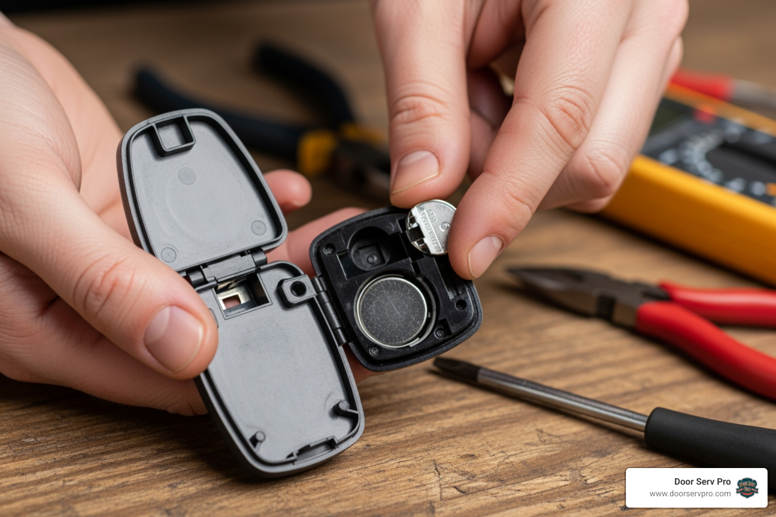 person replacing a coin-style battery in a garage door remote - garage door remote not working chambersburg pa