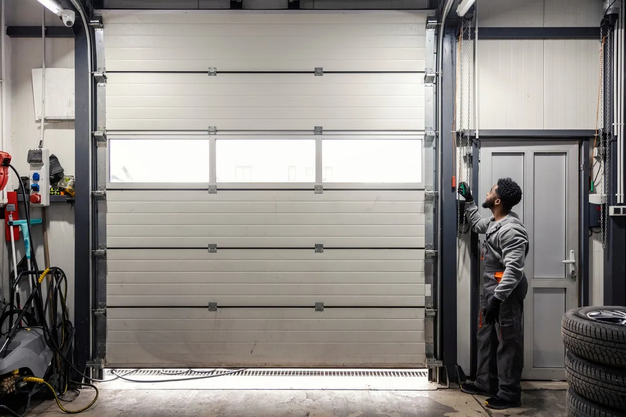 Person in gray uniform operates control panel for sectional garage door with window panels in tidy workshop.